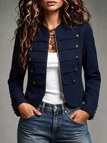 SHEIN Women's Summer Elegant Commute Casual Thin Napoleon Long Sleeve Jacket - Navy Blue - View 1