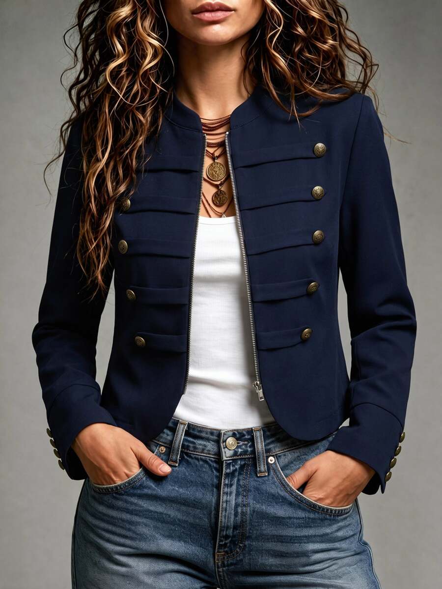 SHEIN Women's Summer Elegant Commute Casual Thin Napoleon Long Sleeve Jacket - Navy Blue - View 1