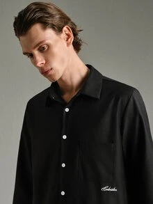 Calmiston 男士純色休閒百搭日常長袖襯衫,正式款 - 黑色 - 查看 5