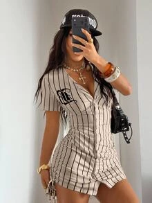 StreetHx Streetwear Athletic Women's Beige Print Side Drawstring Short Sleeve Dress, Summer Night Out - Khaki - View 4