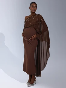 Cheriluna Maternity 纯色串珠长款网纱披肩美人鱼下摆孕妇写真裙 - 棕色 - 查看 7