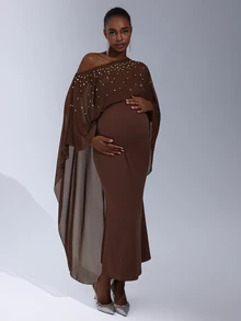 Cheriluna Maternity 纯色串珠长款网纱披肩美人鱼下摆孕妇写真裙 - 棕色 - 查看 2
