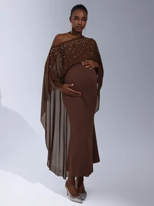 Cheriluna Maternity 纯色串珠长款网纱披肩美人鱼下摆孕妇写真裙 - 棕色 - 查看 6
