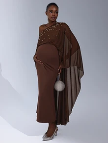 Cheriluna Maternity 纯色串珠长款网纱披肩美人鱼下摆孕妇写真裙 - 棕色 - 查看 5