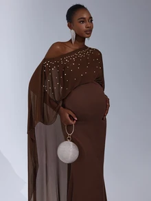 Cheriluna Maternity 纯色串珠长款网纱披肩美人鱼下摆孕妇写真裙 - 棕色 - 查看 4