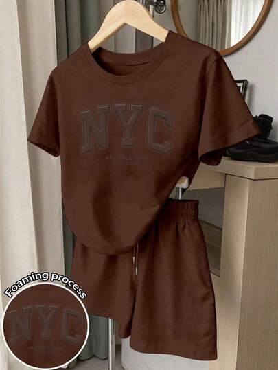 Resyla 2pcs Women's Casual Active Letter Print Sweatshirt Set, Suitable For Everyday Wear Gym Brown Chocolate Brown Summer
