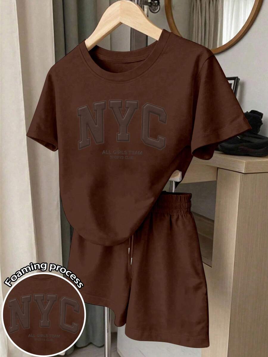 Resyla 2pcs Women's Casual Active Letter Print Sweatshirt Set, Suitable For Everyday Wear Gym Brown Chocolate Brown Summer - Coffee Brown - View 1