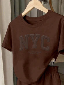 Resyla 2pcs Women's Casual Active Letter Print Sweatshirt Set, Suitable For Everyday Wear Gym Brown Chocolate Brown Summer - Coffee Brown - View 3