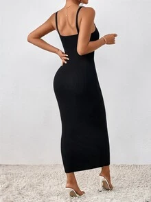 SHEIN LUNE Vestido camiseta de punto ajustado de unicolor - Negro - Ver 2
