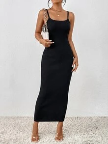 SHEIN LUNE Vestido camiseta de punto ajustado de unicolor - Negro - Ver 3