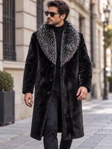 Manfinity Homme Men Luxury Faux Fur Collar Long Coat Winter Warm Plush Overcoat Business Casual Trench Jacket - Black - View 1