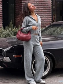 SHEIN Ivory Panda Pattern Knit Sweater & Wide Leg Pants Co-Ord Set – Cute Minimal Graphic Detail, Relaxed Fit Cozy Chic Winter Lounge Ensemble - رمادي - مشاهدة 5