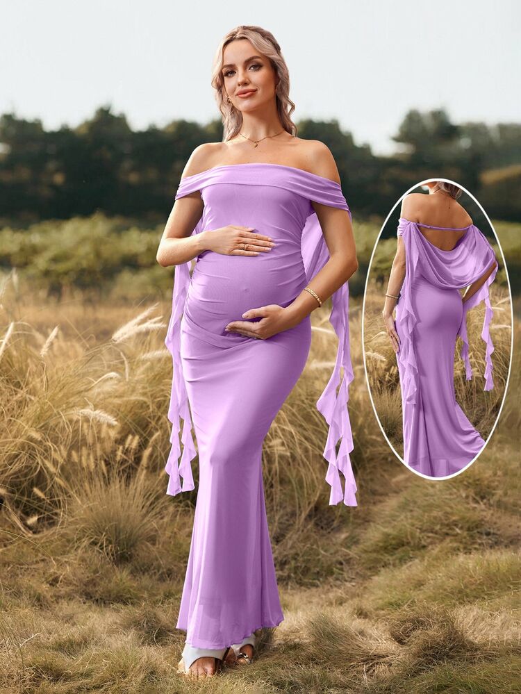 Cheriluna Maternity Solid Color Off-Shoulder Backless Maxi Maternity Dress, Suitable For Christmas Party, Elegant Party, Baby Shower - Purple - View 2