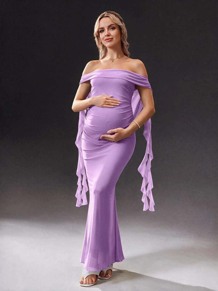 Cheriluna Maternity Solid Color Off-Shoulder Backless Maxi Maternity Dress, Suitable For Christmas Party, Elegant Party, Baby Shower - Purple - View 1