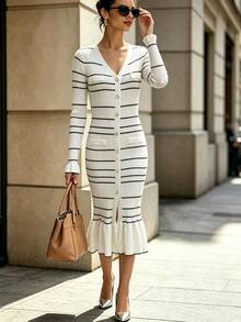 SHEIN Women Fall/Winter Vintage French Festival Outfits Sweater Elegant Long Party Work Brunch Dresses Rave Outfit Birthday Dress Black And White Striped - White - View 2