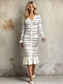 SHEIN Women Fall/Winter Vintage French Festival Outfits Sweater Elegant Long Party Work Brunch Dresses Rave Outfit Birthday Dress Black And White Striped - White - View 4