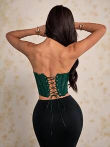 SHEIN PETITE 夏季海灘度假純色蕾絲內衣上衣，適合日常約會、夜晚外出 - 墨綠色 - 查看 3