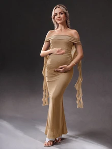 Cheriluna Maternity 聖誕派對洋裝 / 優雅派對洋裝 / 嬰兒洗禮派對洋裝 卡其色 單肩露背 流暢腰帶長裙 孕婦拍照風格 - 卡其色 - 查看 1