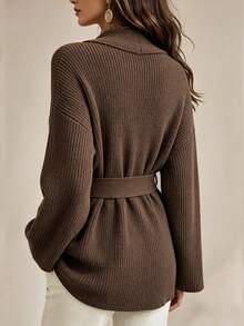 SHEIN Women's Vintage Elegant Pocket Long Sleeve Knit Cardigan - Coffee Brown - View 3