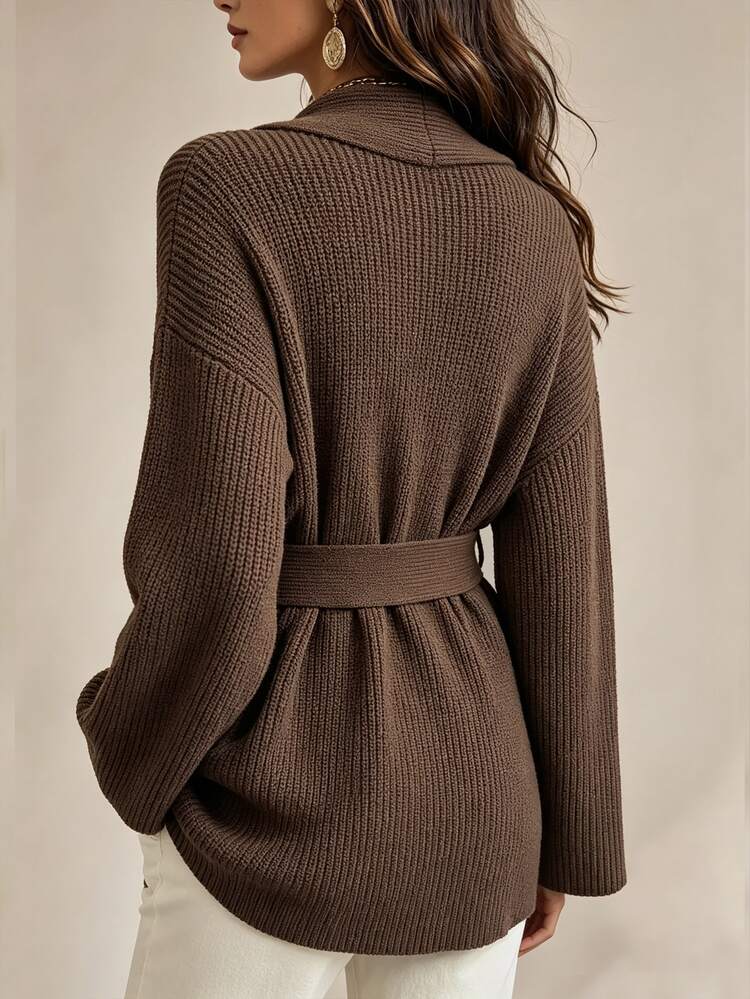 SHEIN Women's Vintage Elegant Pocket Long Sleeve Knit Cardigan - Coffee Brown - View 2