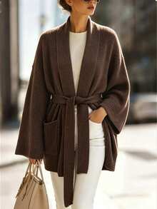 SHEIN Women's Vintage Elegant Pocket Long Sleeve Knit Cardigan - Coffee Brown - View 6