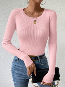 SHEIN LUNE Simple Women's Round Neck Long Sleeve Sweater, Knit Pullover Fall Winter - Pink - View 6