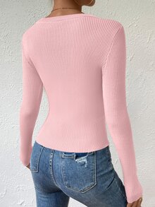 SHEIN LUNE Simple Women's Round Neck Long Sleeve Sweater, Knit Pullover Fall Winter - Pink - View 2