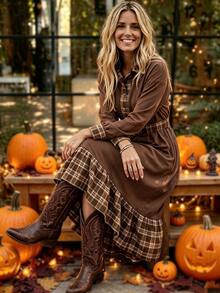 Breezaya Gaun Sweatshirt Panjang Wanita Motif Kotak-kotak Patchwork - Coklat - View 8