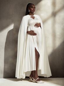Cheriluna Maternity Maternity Elegant Cape Dress Photoshoot Outfit Set - Apricot - View 6