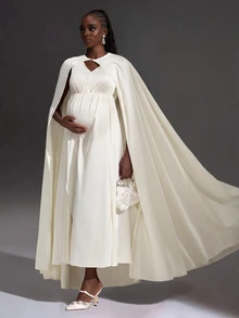 Cheriluna Maternity Maternity Elegant Cape Dress Photoshoot Outfit Set - Apricot - View 1