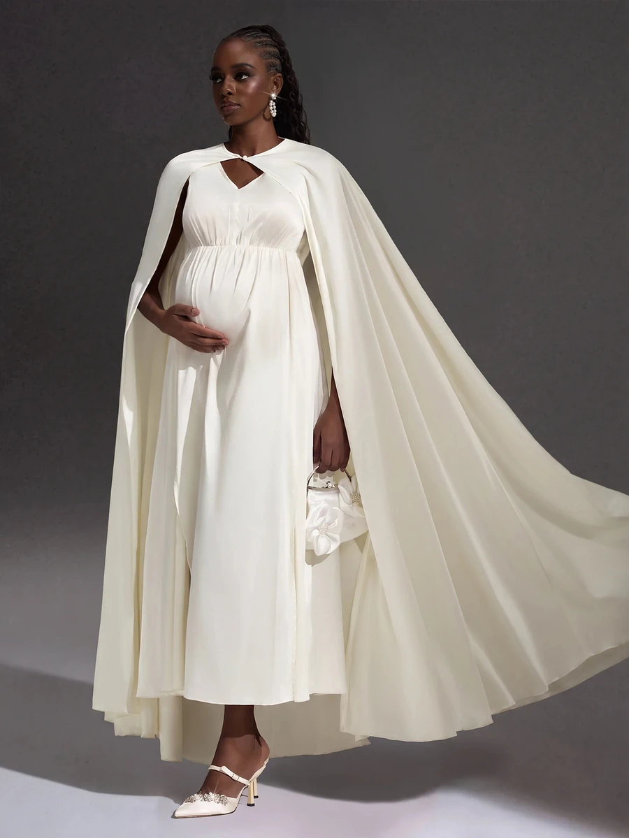 Cheriluna Maternity Maternity Elegant Cape Dress Photoshoot Outfit Set - Apricot - View 1