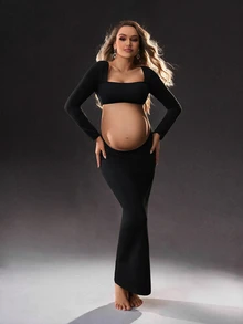 Cheriluna Maternity Maternity Long Sleeve Dress, For Maternity Photoshoot - Black - View 1