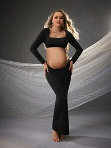 Cheriluna Maternity Maternity Long Sleeve Dress, For Maternity Photoshoot - Black - View 2