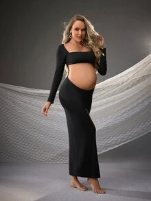 Cheriluna Maternity Maternity Long Sleeve Dress, For Maternity Photoshoot - Black - View 5