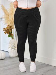 SHEIN CURVE+ Legging Ketat Kasual Sehari-hari Warna Polos untuk Wanita Ukuran Besar - Hitam - View 3
