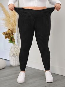 SHEIN CURVE+ Legging Ketat Kasual Sehari-hari Warna Polos untuk Wanita Ukuran Besar - Hitam - View 5