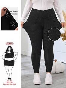 SHEIN CURVE+ Legging Ketat Kasual Sehari-hari Warna Polos untuk Wanita Ukuran Besar - Hitam - View 1