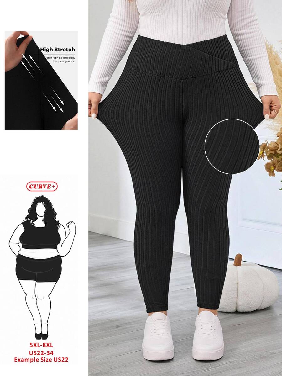 SHEIN CURVE+ Legging Ketat Kasual Sehari-hari Warna Polos untuk Wanita Ukuran Besar - Hitam - View 1