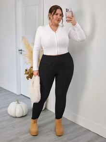 SHEIN CURVE+ Legging Ketat Kasual Sehari-hari Warna Polos untuk Wanita Ukuran Besar - Hitam - View 6