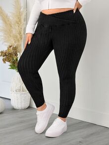 SHEIN CURVE+ Legging Ketat Kasual Sehari-hari Warna Polos untuk Wanita Ukuran Besar - Hitam - View 4