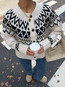 Muchica Women's Autumn/Winter New Apricot Fair Isle Pattern Casual Loose Cardigan - Apricot - View 3