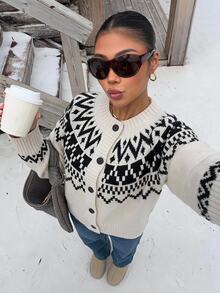 Muchica Women's Autumn/Winter New Apricot Fair Isle Pattern Casual Loose Cardigan - Apricot - View 1