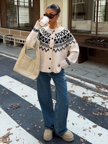 Muchica Women's Autumn/Winter New Apricot Fair Isle Pattern Casual Loose Cardigan - Apricot - View 6