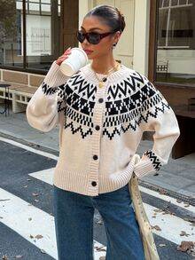 Muchica Women's Autumn/Winter New Apricot Fair Isle Pattern Casual Loose Cardigan - Apricot - View 4