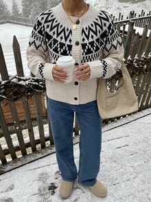 Muchica Women's Autumn/Winter New Apricot Fair Isle Pattern Casual Loose Cardigan - Apricot - View 8