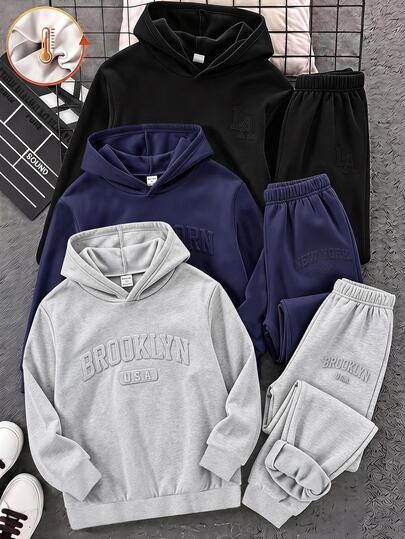SHEIN 3pcs Kids Tween Boy Casual Versatile Style Black, Blue,Grey -Color Sweatpants Suitable For , School, Daily Casual Outings, Sports, All Winter Autumn