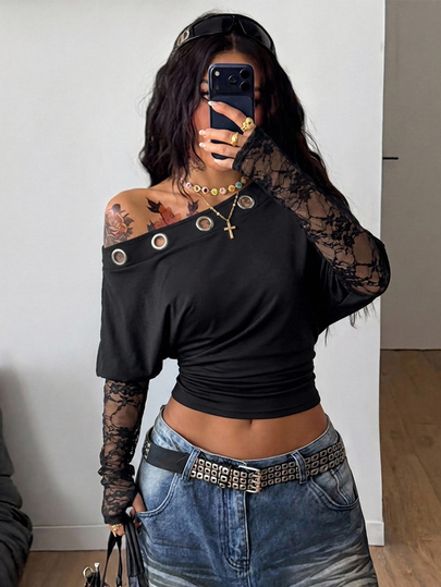 Coolane تي شيرت نسائي أسود ضيق مكشوف الكتفين بأسلوب بانك أساسي Y2K، مع دانتيل متباين وحلقات معدنية، مثالي لليالي المواعدة في الخريف وجميع الفصول