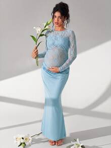 Cheriluna Maternity 淺藍色蕾絲長袖長洋裝，附百褶與魚尾裙擺，孕婦拍照服裝 - 淺藍色 - 查看 4