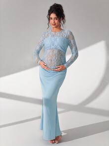 Cheriluna Maternity 淺藍色蕾絲長袖長洋裝，附百褶與魚尾裙擺，孕婦拍照服裝 - 淺藍色 - 查看 8