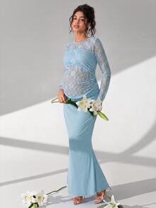 Cheriluna Maternity 淺藍色蕾絲長袖長洋裝，附百褶與魚尾裙擺，孕婦拍照服裝 - 淺藍色 - 查看 6